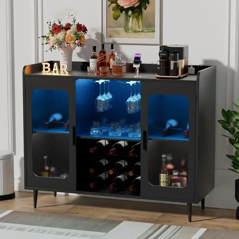Liquor Cabinet Bar with Power Outlet & LED Light, Wine Bar Cabinet with Wine & Glasses Rack, Buffet Sid, Home Coffee Bar Cabinet