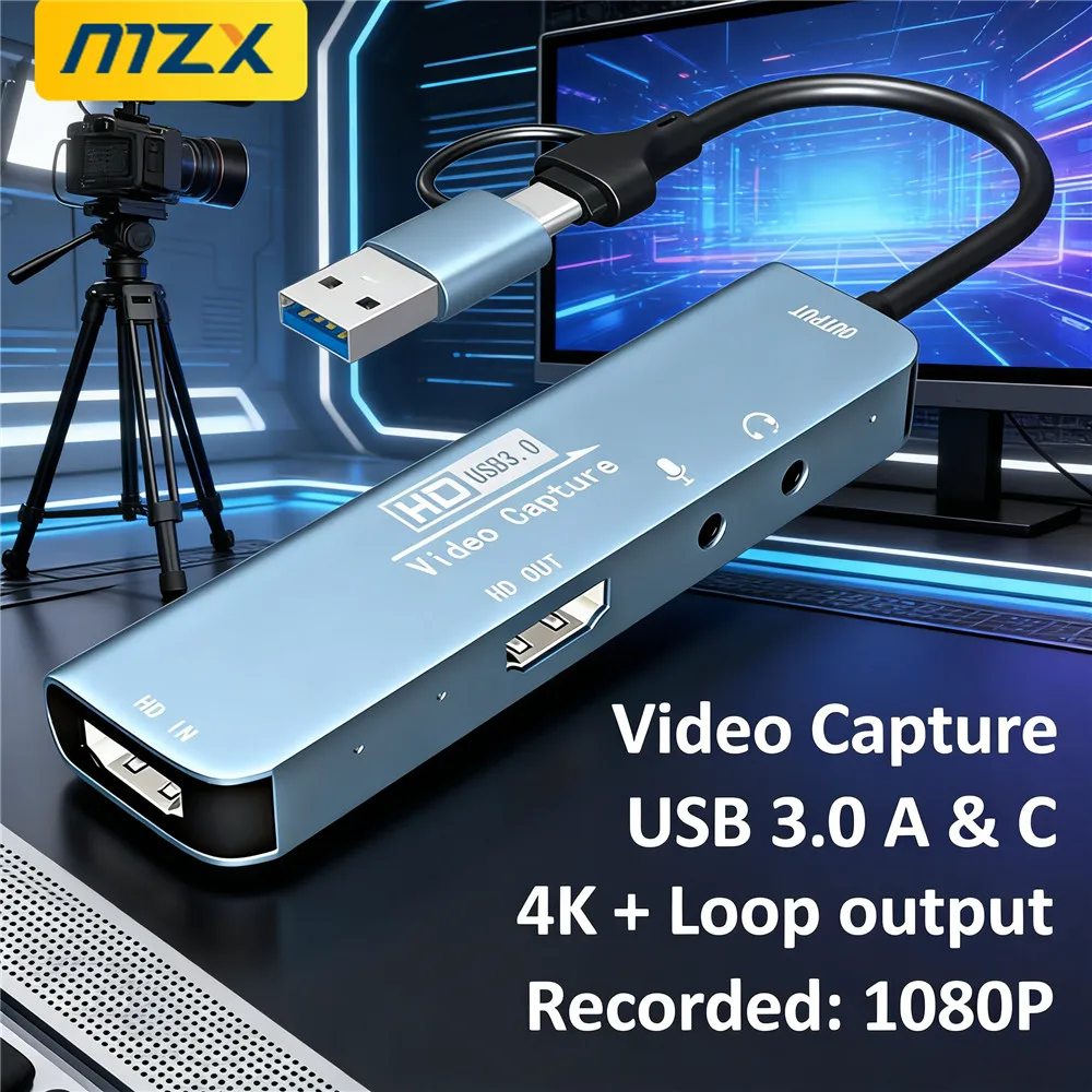Video Capture Card 1080P HDMI-Compatible USB 3.0 A Type C Capturer 4K Loop Output HD Grabber OBS Capturing Game Live Recorder