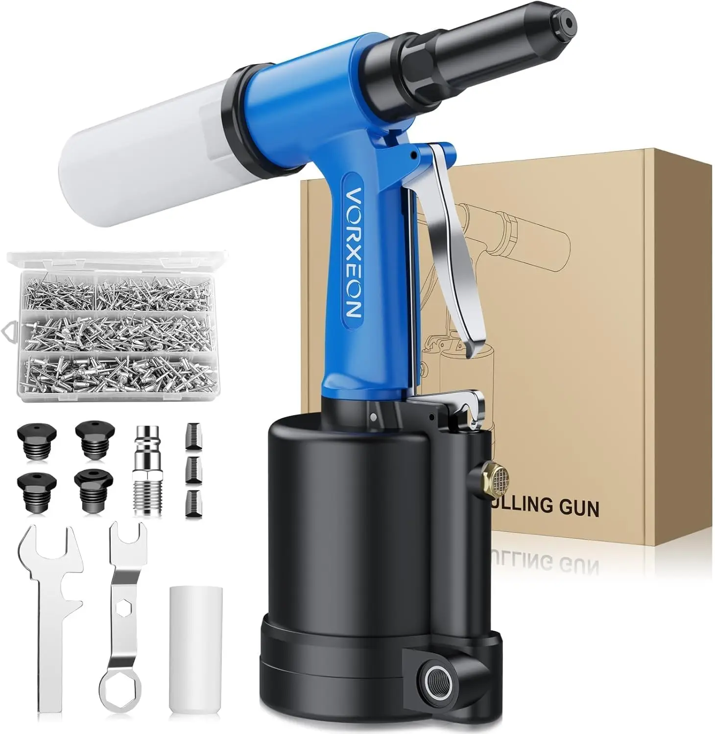 Air Rivet Gun Pneumatic with 500 Blind Rivets Aluminum Kit Pop Air Riveter Pulling Pressure 3097 lbf Heavy Duty Pneumatic Tool
