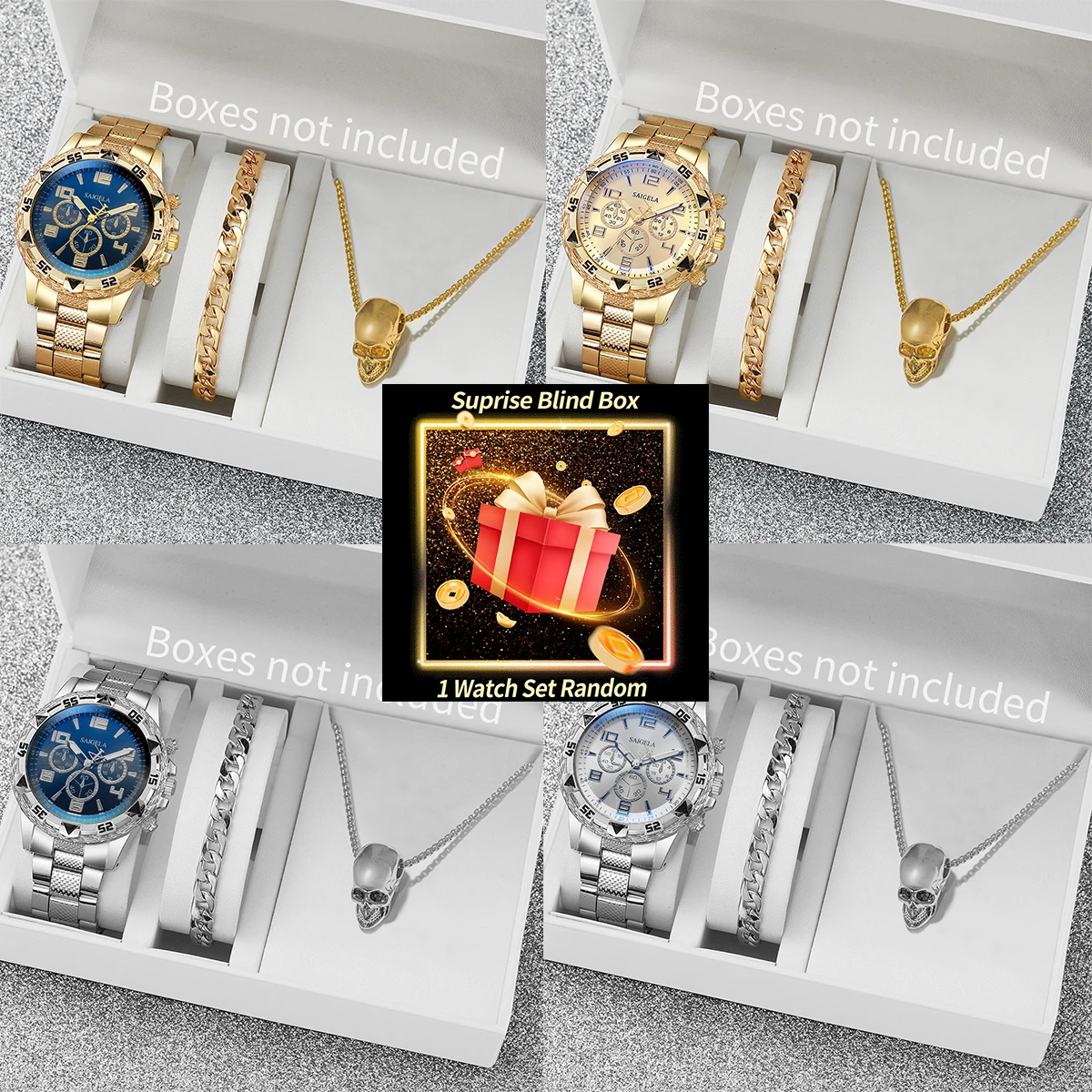 Surprise Mystery Watch Set Blind Box-3PCS/Set Men Business Watches Fashion Steel Band Quartz Watch Jewelry Set（Without Box）