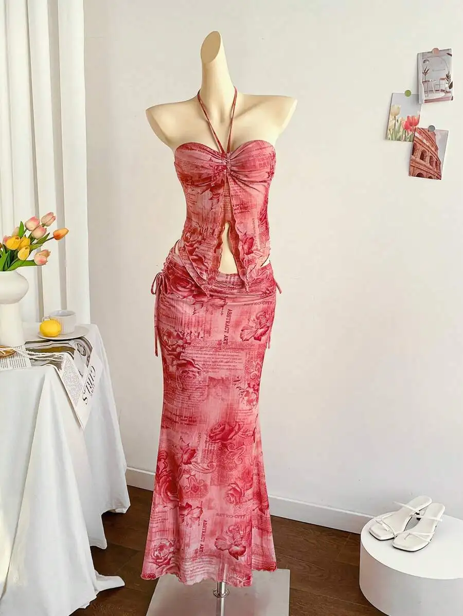 Red Floral Print Halter Neck Two Piece Set with Cutout Waist, Mermaid Skirt for Beach Wedding or Festival