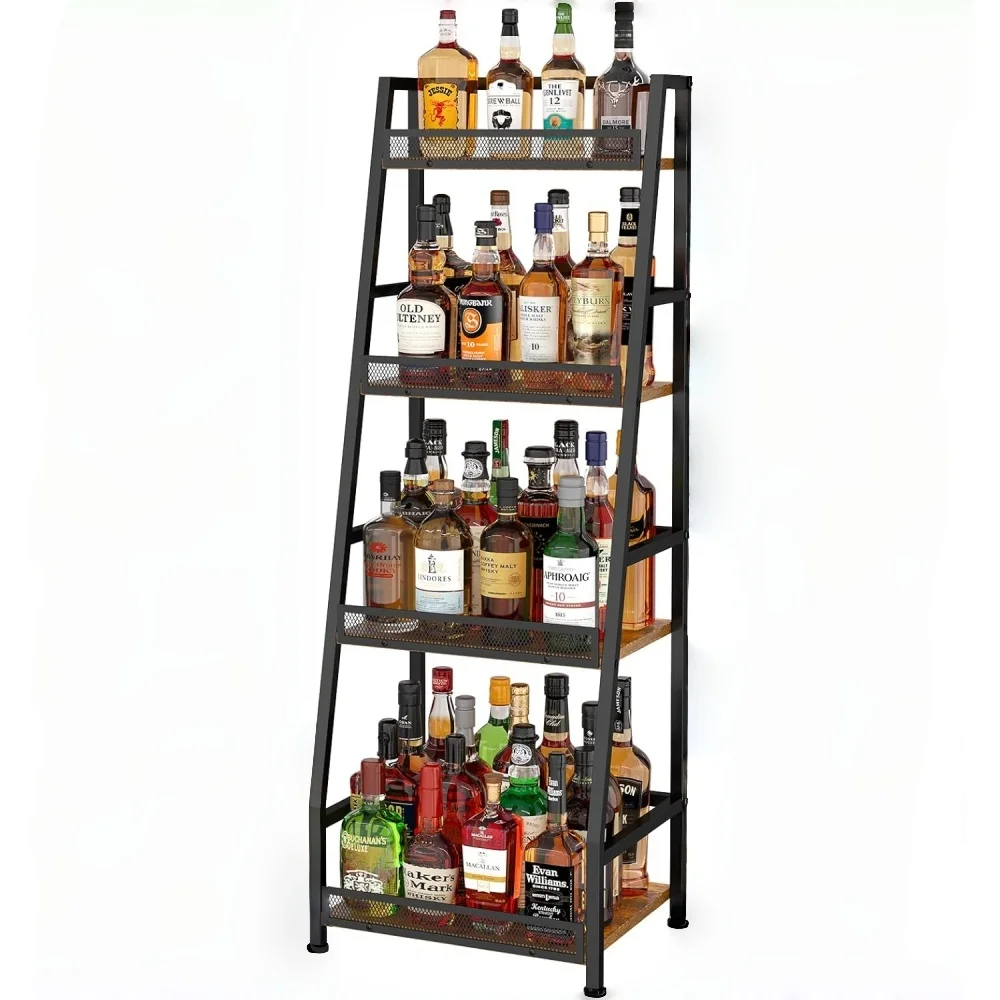 4-Tier Trapezoid Liquor Stand for Home Bar, Large-Capacity Cabinet with Fences for Living Room Display