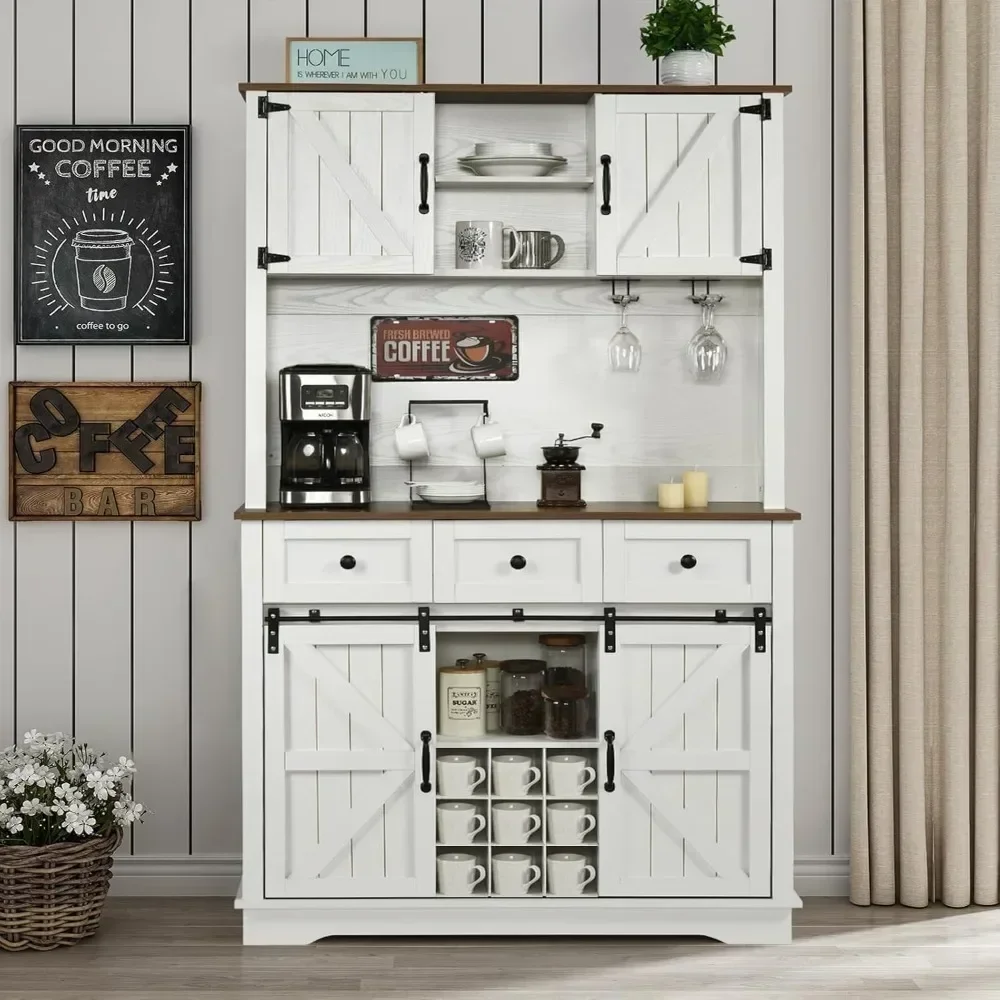 72” Tall Kitchen Pantry Cabinet with Wine & Glass Rack, Farmhouse Coffee Bar Cabinet with Sliding Barn Doors