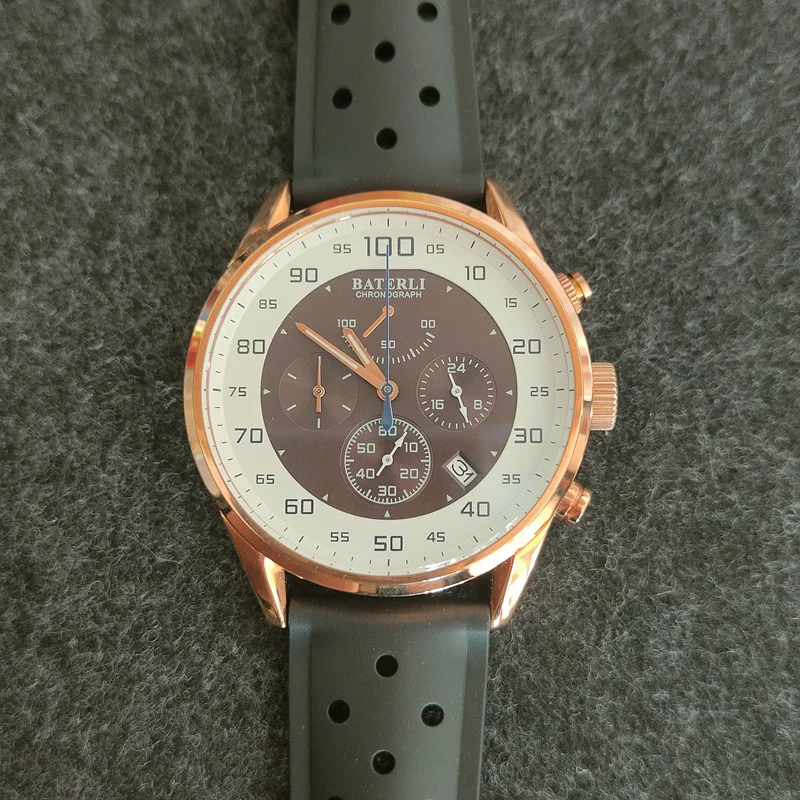 New Luxury Brand 44mm Men Watches Quartz Chronograph Rose Gold Stainess Steel Case and Black Rubber Strap male Clock