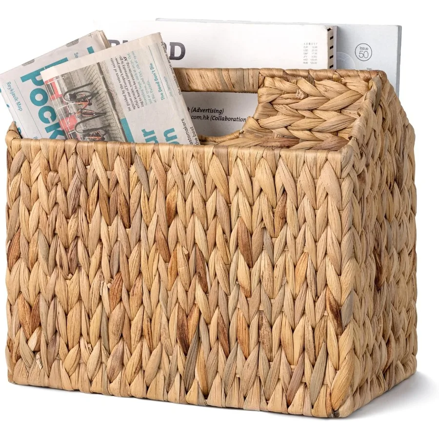 StorageWorks Hand-Woven Divided Magazine Basket Rattan Magazine Holder Natural Wicker Magazine Rack for Bathroom Office Water H