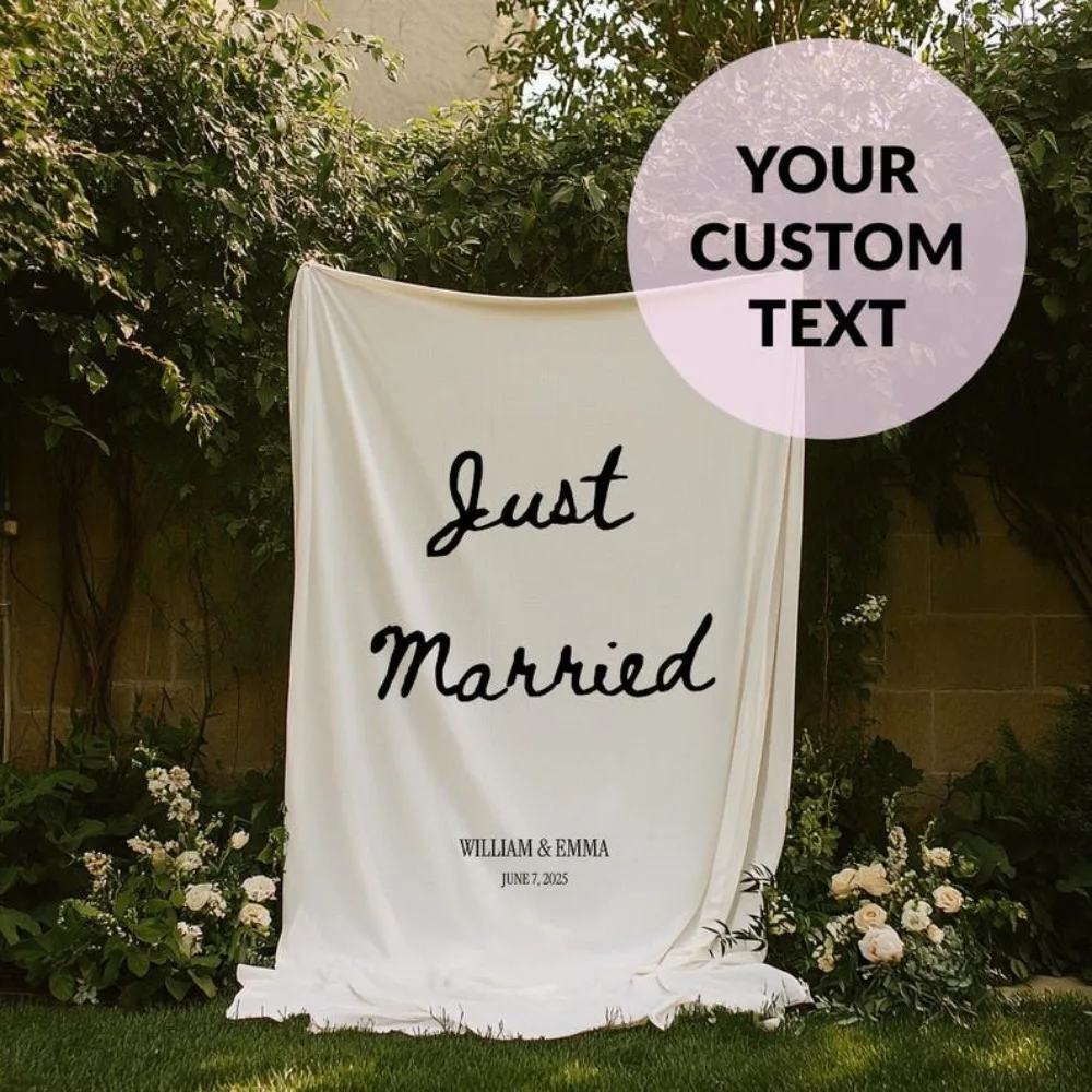 Custom Wedding Banner - Custom Image Design, Durable Material, Easy to Hang, Just Married Sign, Fabric Wedding Backdrop