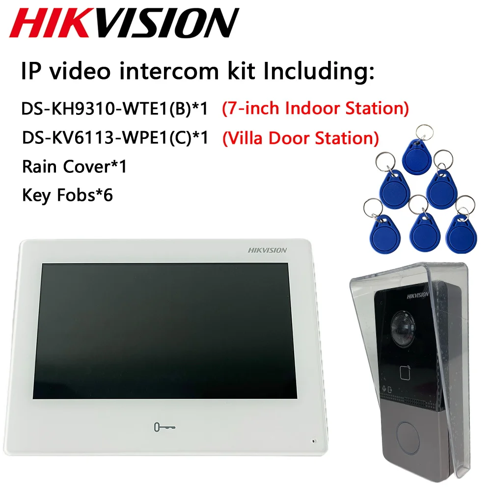 Original Hikvision IP Video Intercom Kit DS-KH9310-WTE1(B) 7-inch colorful touch screen ＆ DS-KV6113-WPE1(C) ＆Rain Cover Key Fobs