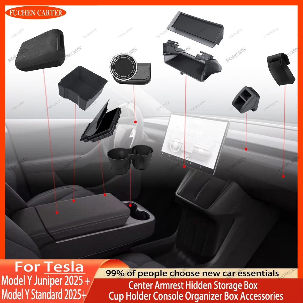 For Tesla Model Y Juniper 2025& Standard 2025+ Console & Armrest Hidden Storage Box Cup Holder Console Organizer Box Accessories