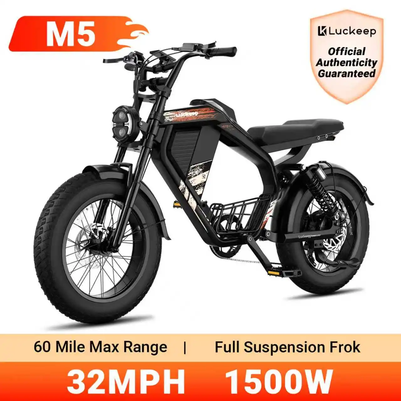 Luckeep M5 Electric Bike for Adults/Teen, 1500W Peak Motor, Max 32MPH,48V 15AH Battery, Max 60 Miles Electric Motorcycle