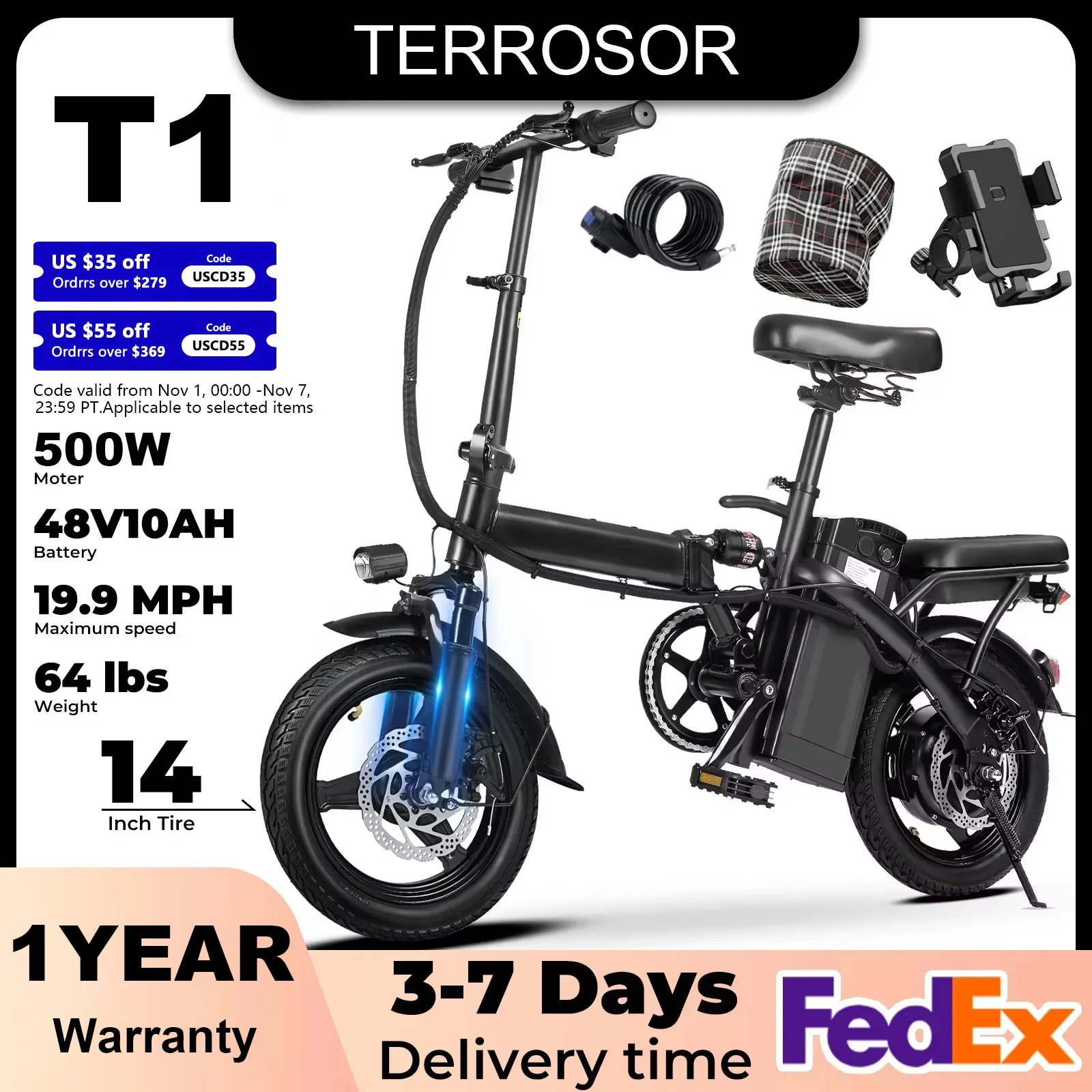 1Year Warranty 500W Dual Disc Brake Adult Foldable Electric Bicycle with Seat and Basket 14 inches 48V10.4Ah 22 mile range 20MPH