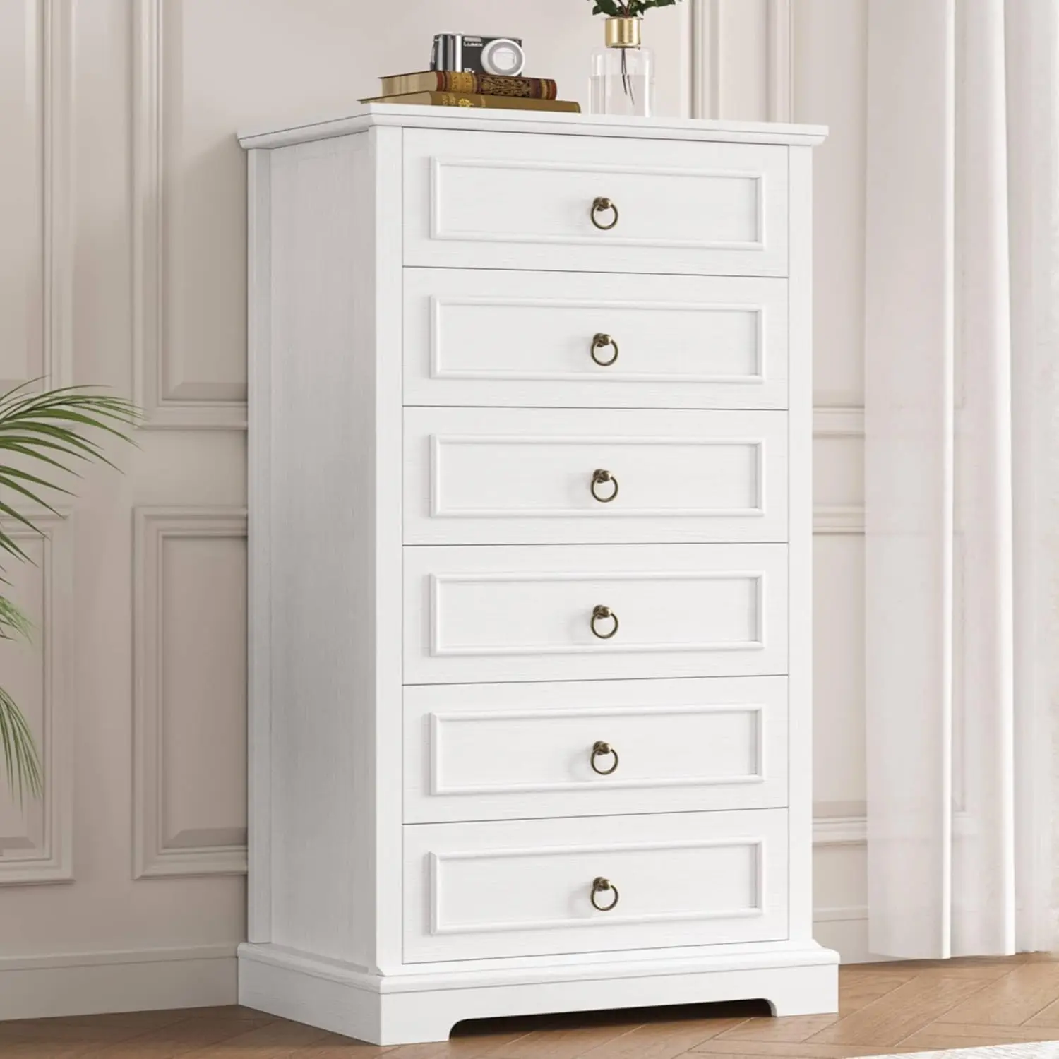 6 Drawer White Dresser For Bedroom, 52"" Tall Dresser, Modern Farmhouse Vertical Chest Of Drawers For Bedroom, Wooden Closet