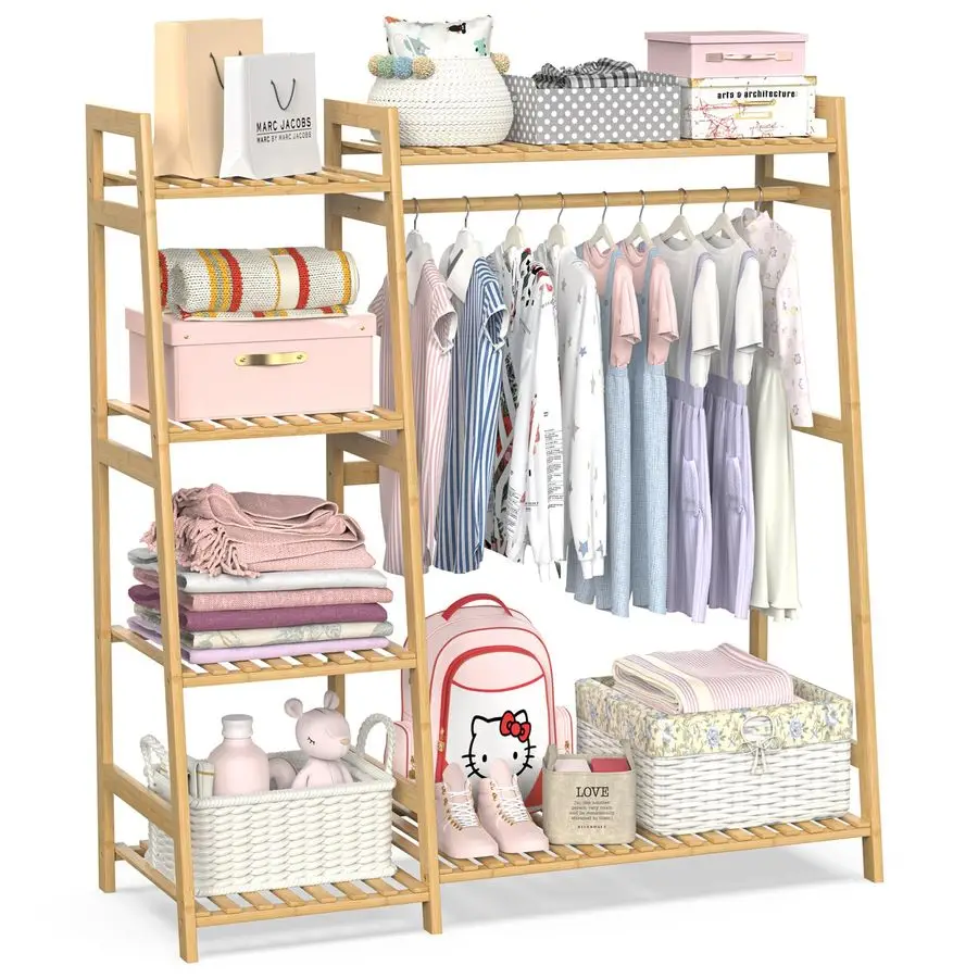Kids Clothing Rack with Shelves, Bamboo Clothes Garment Rack for Kids Child Baby, Kids Dress Up Storage Rack with Top Shelf, To