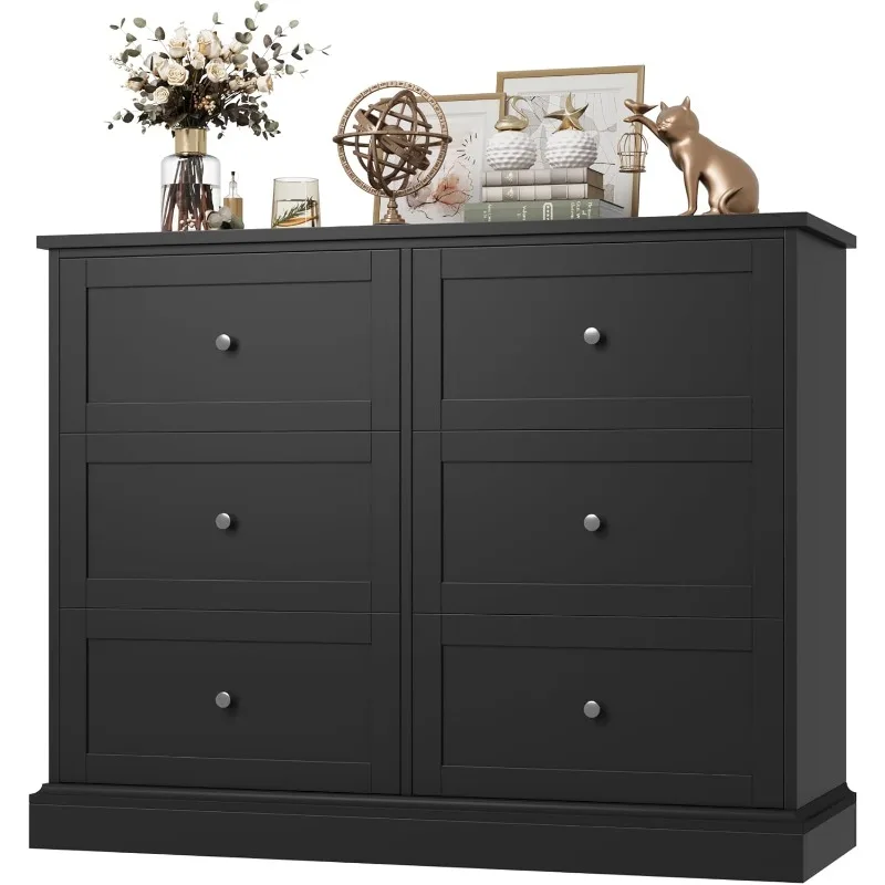 FOTOSOK Black Dresser,6Drawer Dresser Black,Modern Double Chest with Deep Drawers,Wide Storage Organizer Cabinet for Living Room