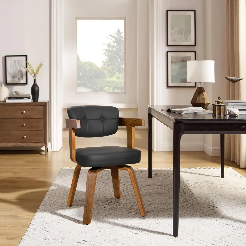Home Office Desk Chair - Mid Century Modern Chair, Faux Leather Office Chair No Wheels, Comfy Accent Arm Chair