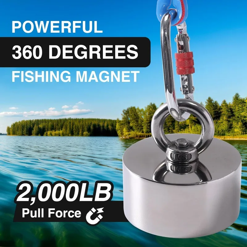2000lb Strong 360 Degree Fishing Magnet For Magnetic Fishing, Strong Heavy Duty Neodymium N52 Magnets For Salvage Treasure