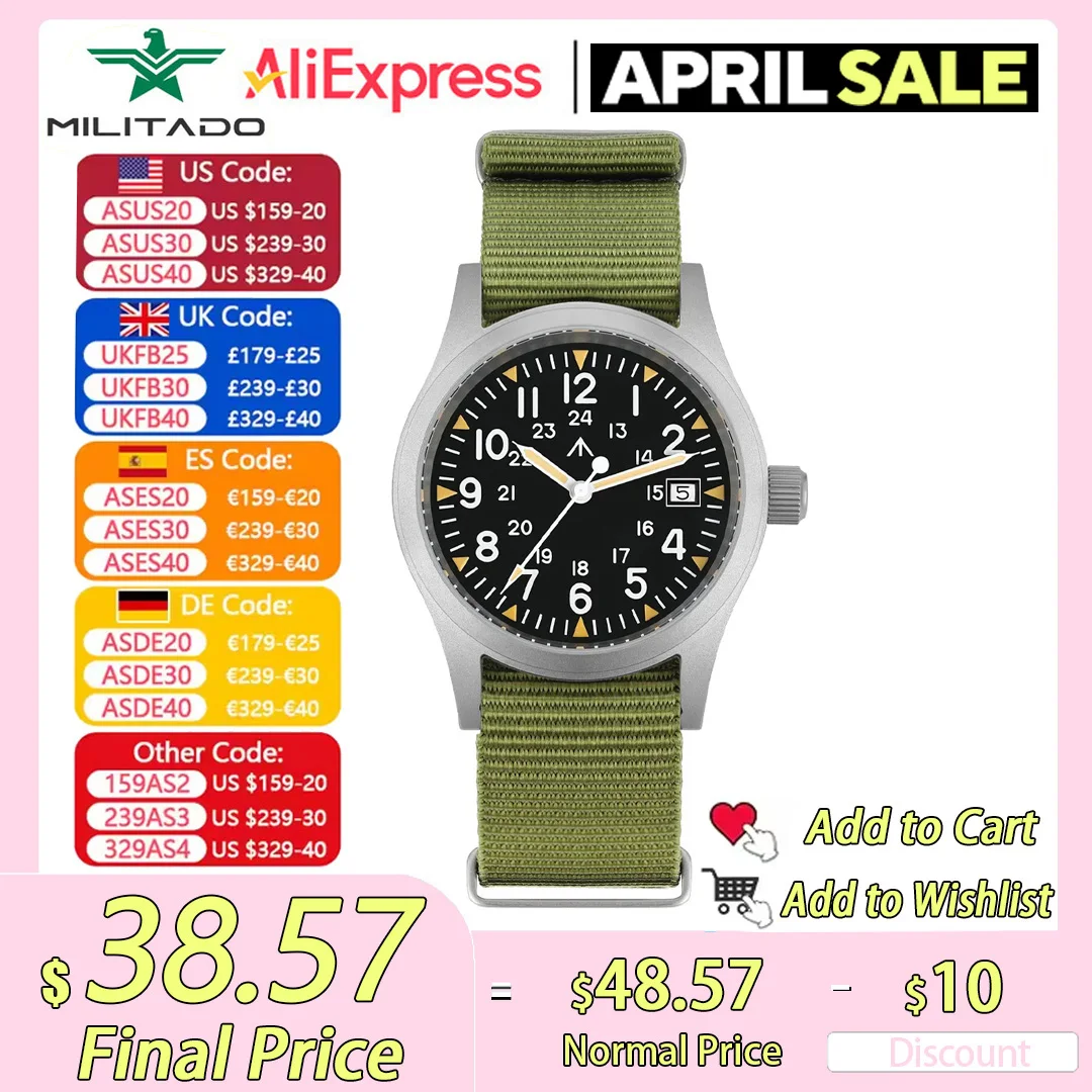 Militado ML05 Military Watch Ronda 515 Quartz Movement Domed Sapphire With High Clear AR Coating Luminous 38mm Vintage Watches