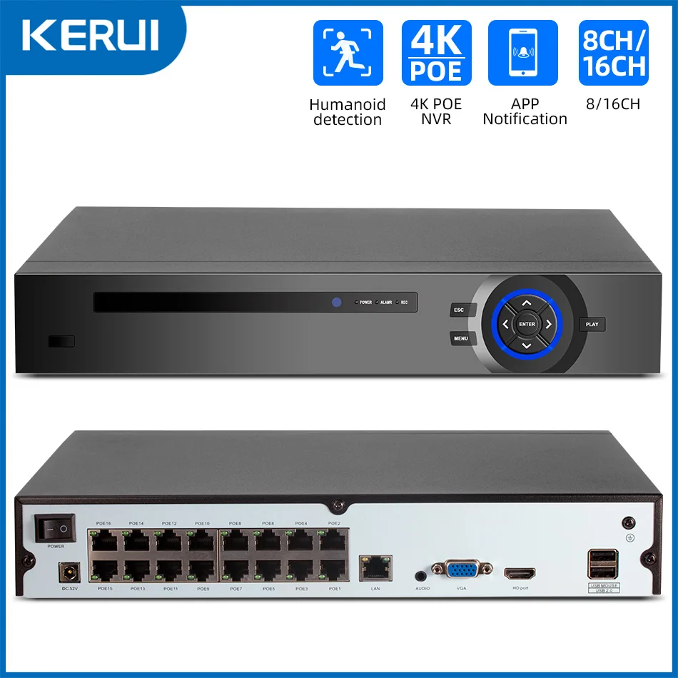 KERUI 4K 16CH POE NVR H.265 NVR Video Recorder ONVIF Security CCTV Surveillance 16 Channel For 4MP 6MP 8MP POE Camera System