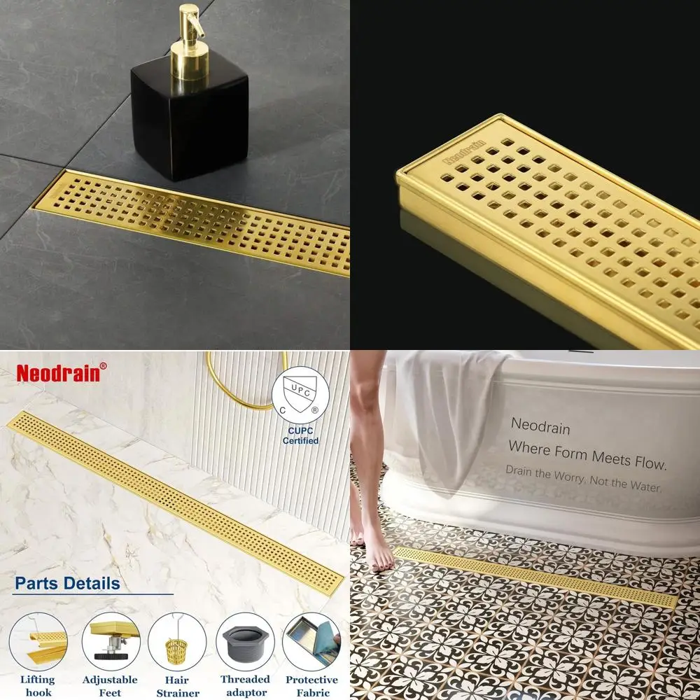 36 Brushed Brass Linear Shower Drain with Removable Grate and Hair Strainer