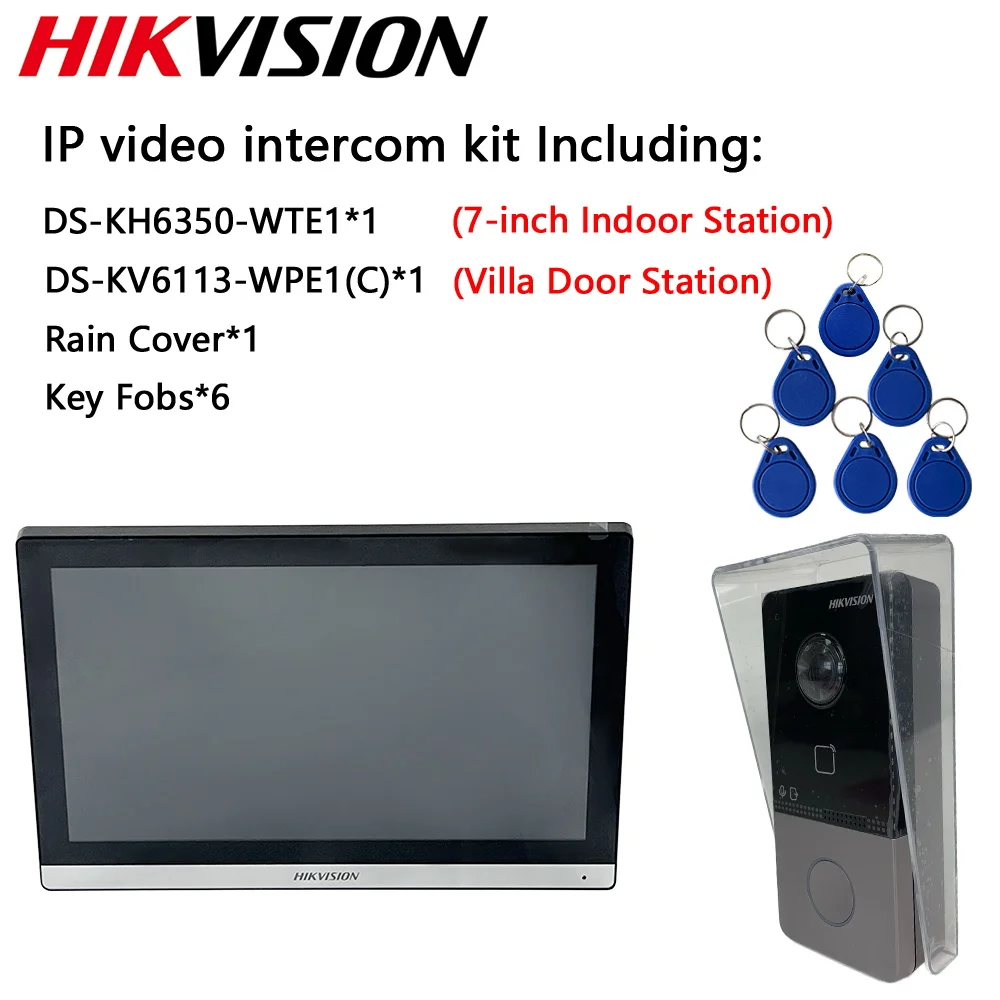Original Hikvision IP Video Intercom Kit DS-KH6350-WTE1 7-inch TFT touch screen ＆ DS-KV6113-WPE1(C) ＆ Rain Cover ＆ Key Fobs