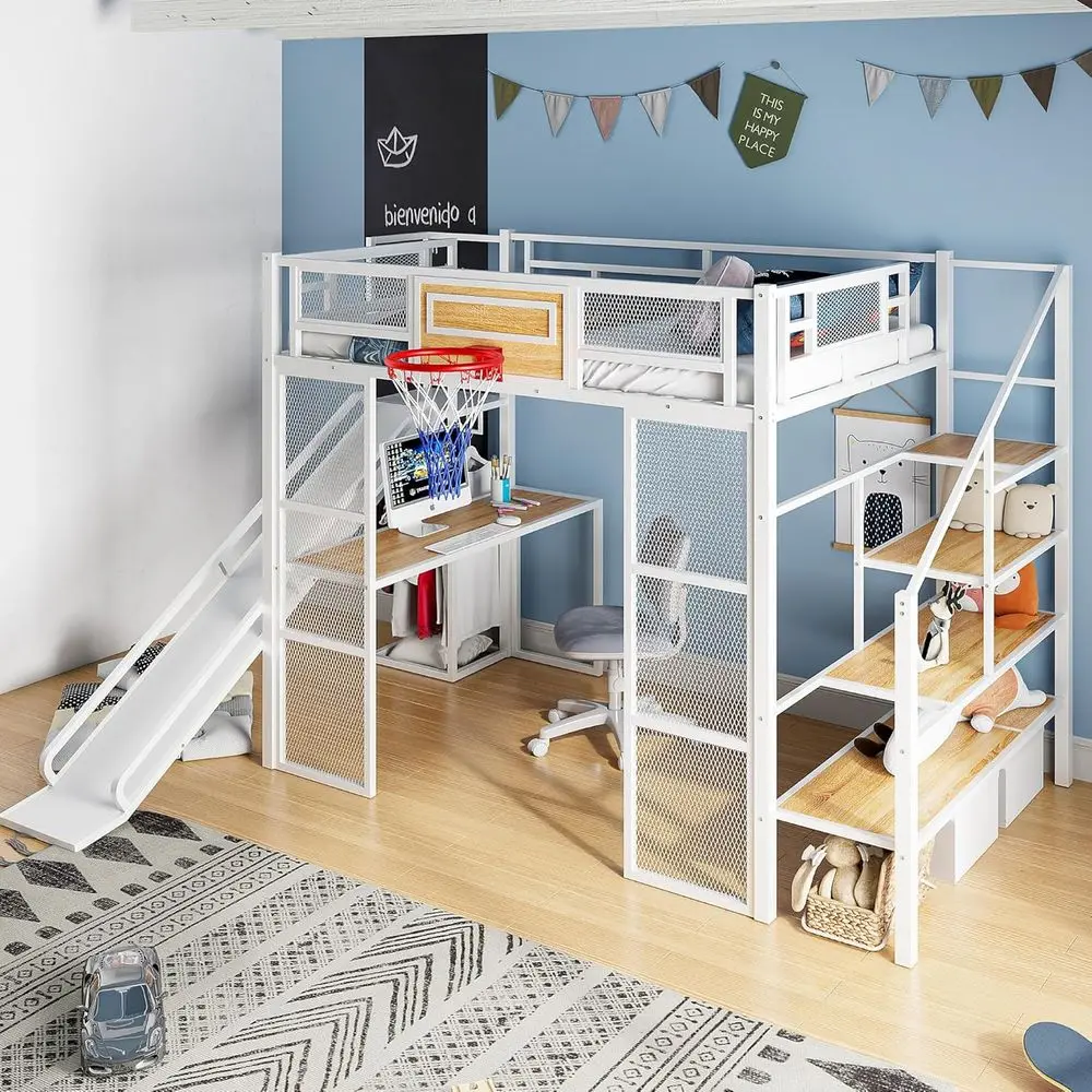 Full-Size Loft Bed with Desk, Stairs, Storage Shelves, Basketball Hoop, Noise-Free, No Box Spring Needed, White