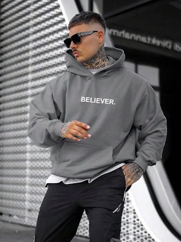 Men's Fashion Letter Print Casual American Long Sleeve Hooded Sweatshirt