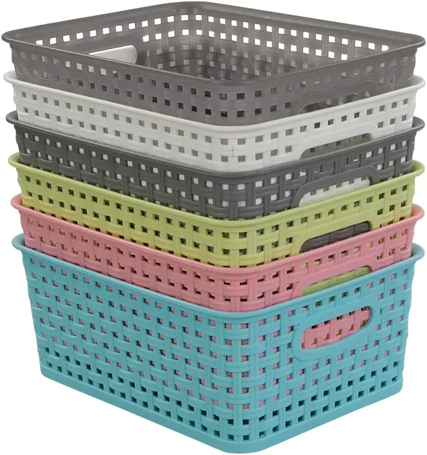 Mixed color rectangular storage basket, plastic woven shelf basket, set of 6