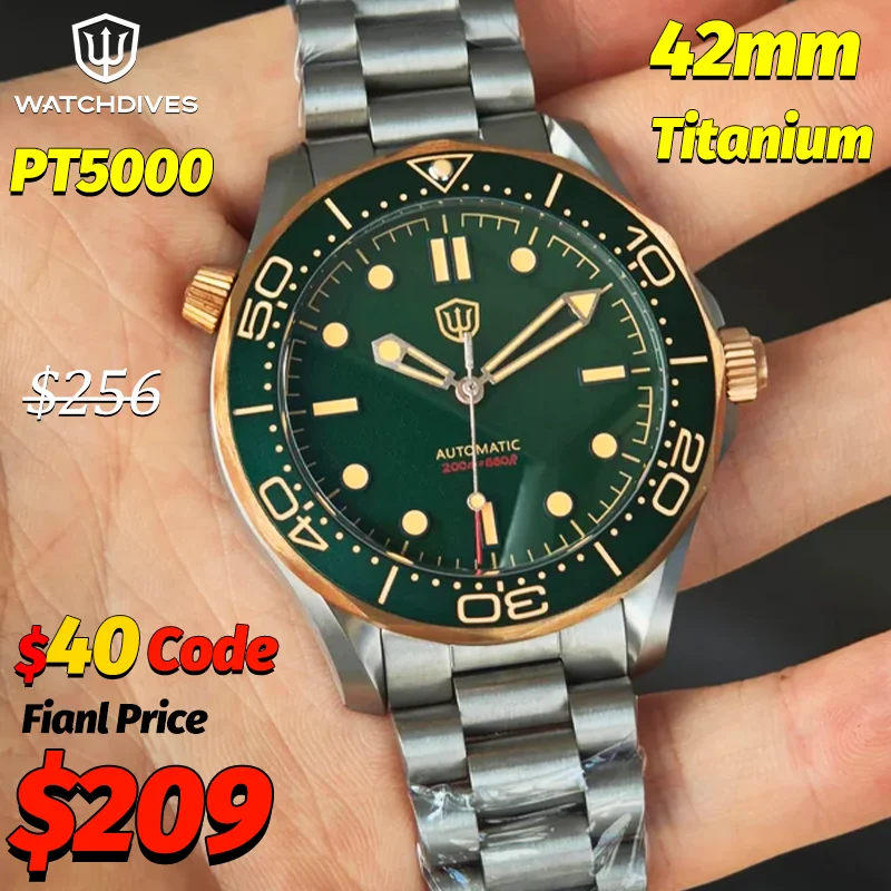 Watchdives WD007 V4 42Mm Titanium Automatic Dive Watch Green Dial 007 NTTD PT5000 Waterproof 20Bar Mechanical Watches Men Gift