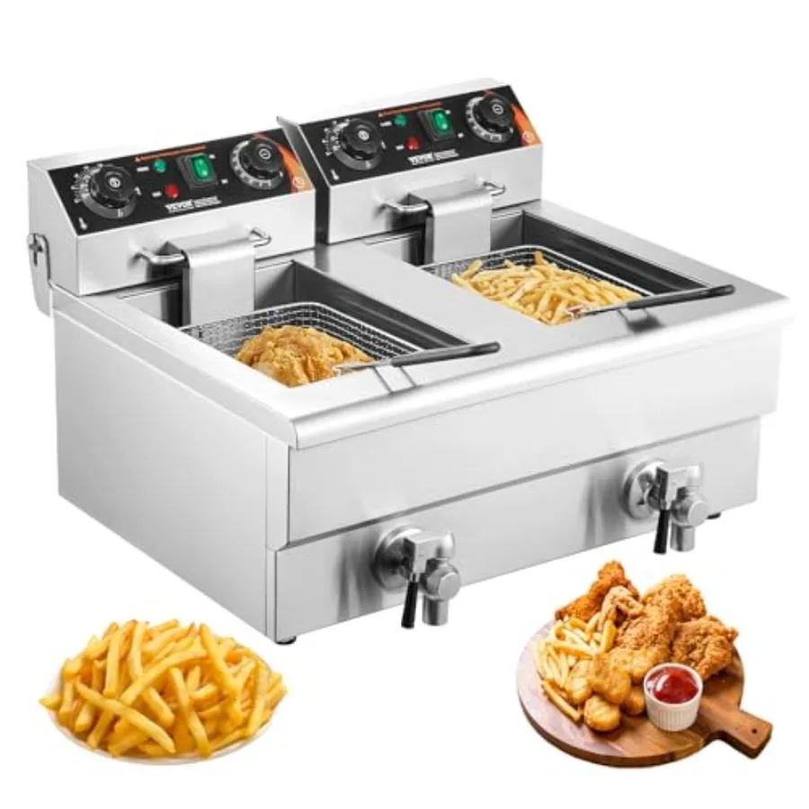 Commercial Deep Fryer Dual Tank 3000W Electric Countertop Fryer with Basket 2 x 11.6Qt/11L Double Stainless Steel Oil Fryer wit