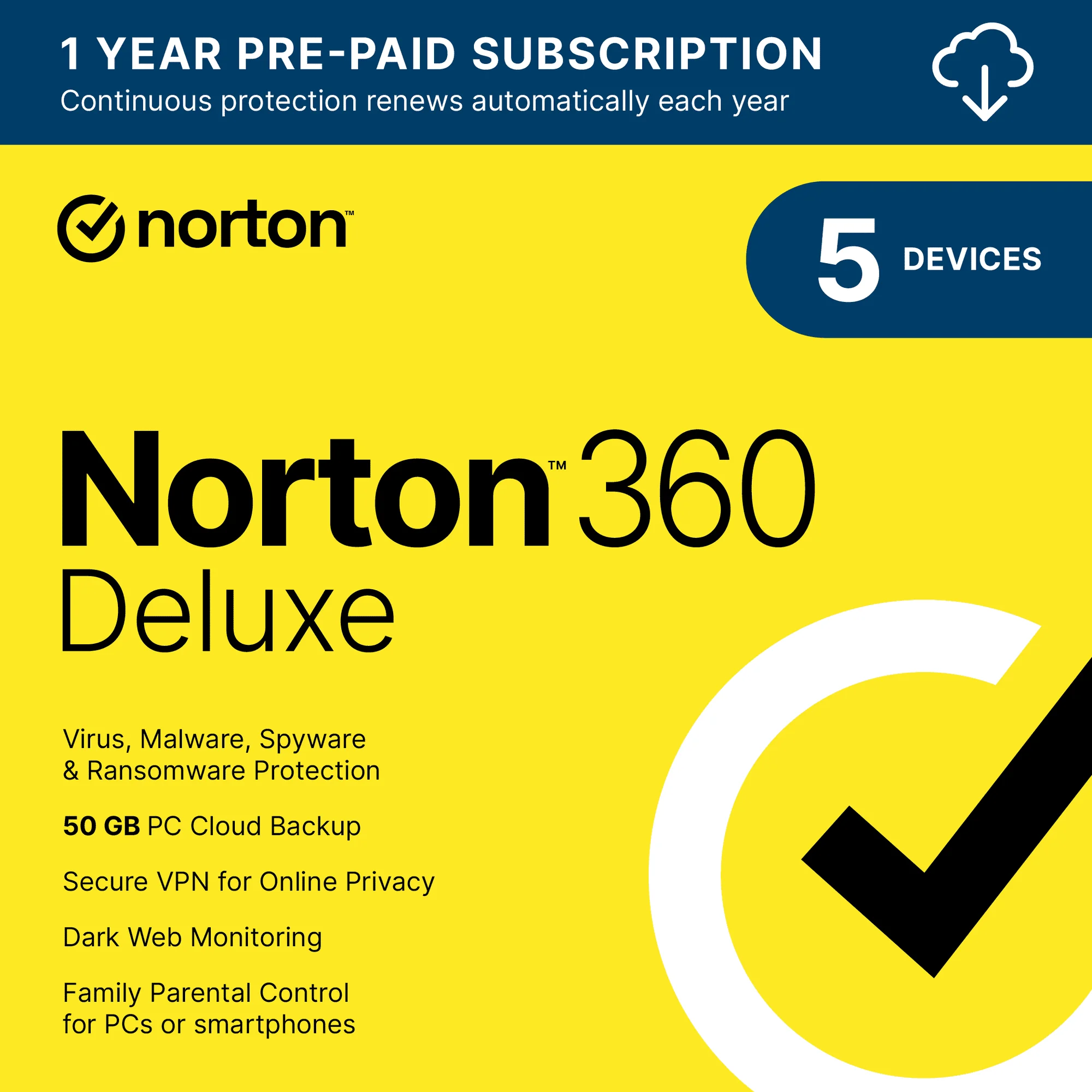Norton 360 Deluxe, Antivirus Software, 5 Devices, 1 Year Subscription, PC/Mac/iOS/Android [Digital Download]