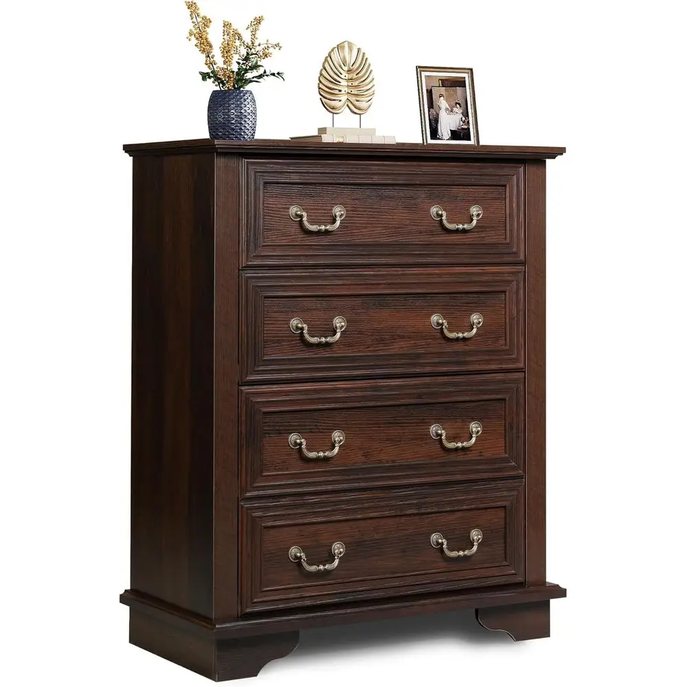 4-Drawer Tall Wood Chest with Metal Handles, Suitable for Bedroom, Living Room, and Hallway