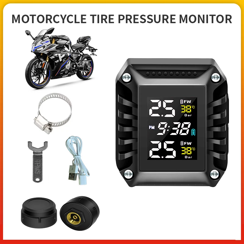Wireless Motorcycle TPMS Motorbike Tire Pressure Monitoring Tyre Temperature Alarm System with 2 External Sensors Time Display