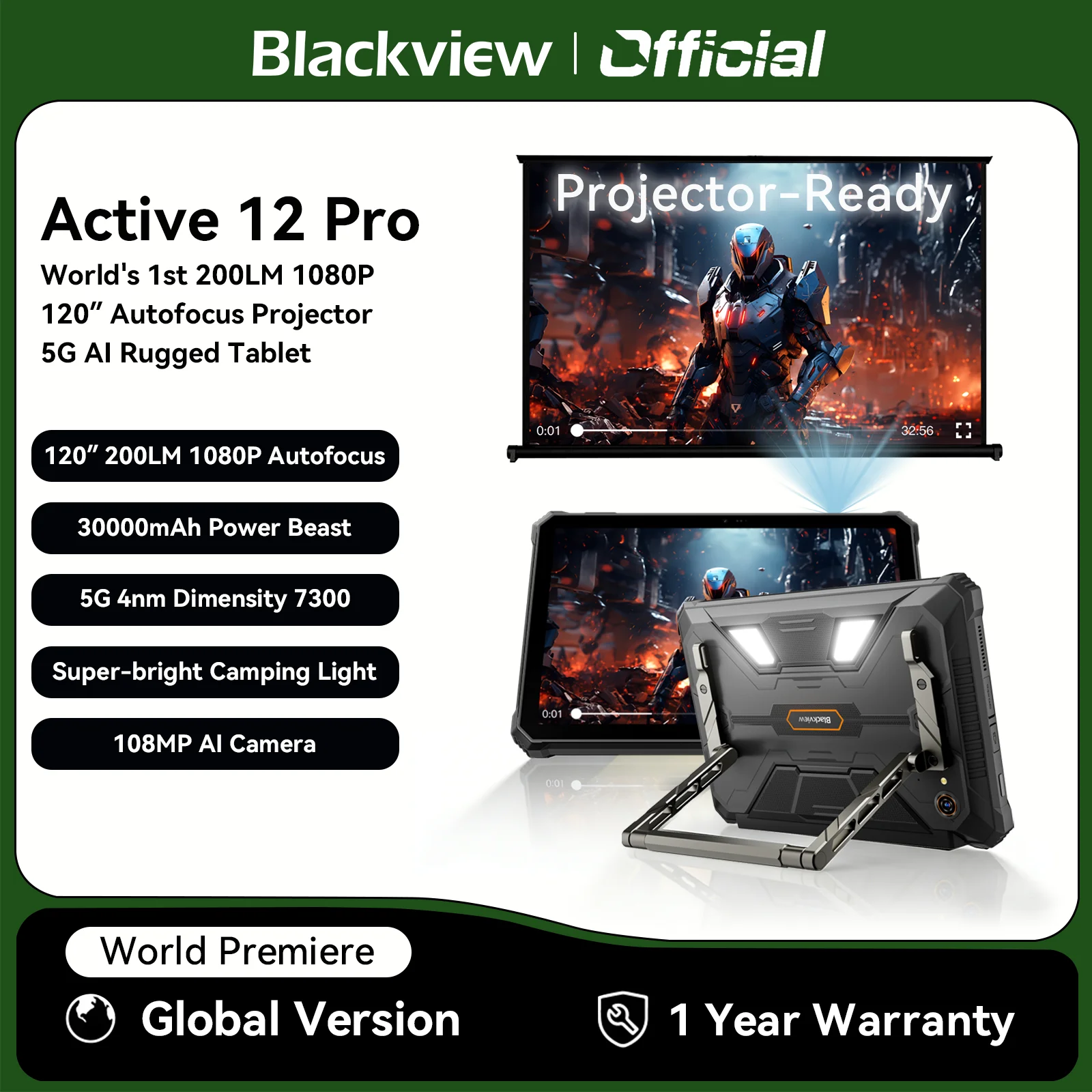 World Premiere Blackview Active 12 Pro Rugged Projector Tablet 11'' Pad Android 15 16GB 1TB 30000mAh Dimensity 7300 Tablet Phone