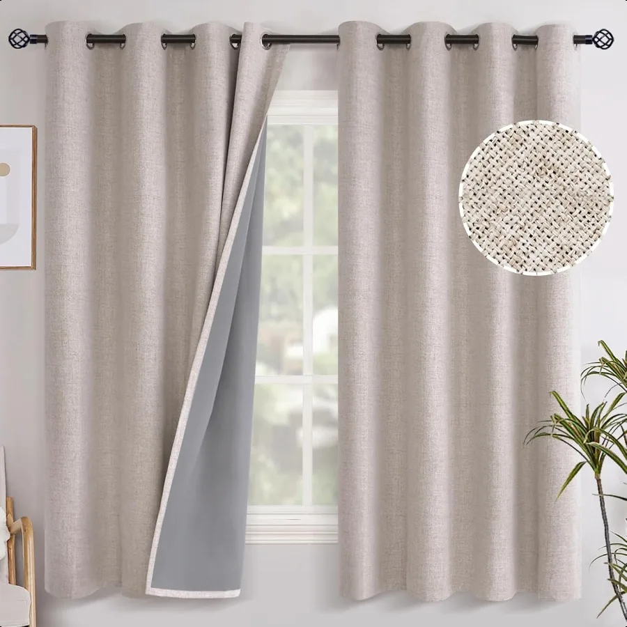 Linen Blackout Curtains 63 Inch Length for Bedroom Room Darkening Window Drapes with Grommet Thermal Insulated Black Out Blinds