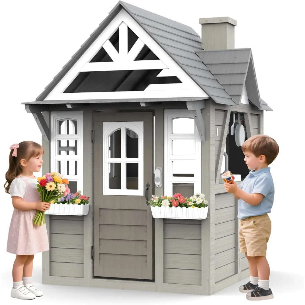 Kids Outdoor Playhouse,Cedar Gray Wooden Play House for Kids Ages 3-8, with Play Kitchen, Interactive Doorbell, Toy Phone, Sink,