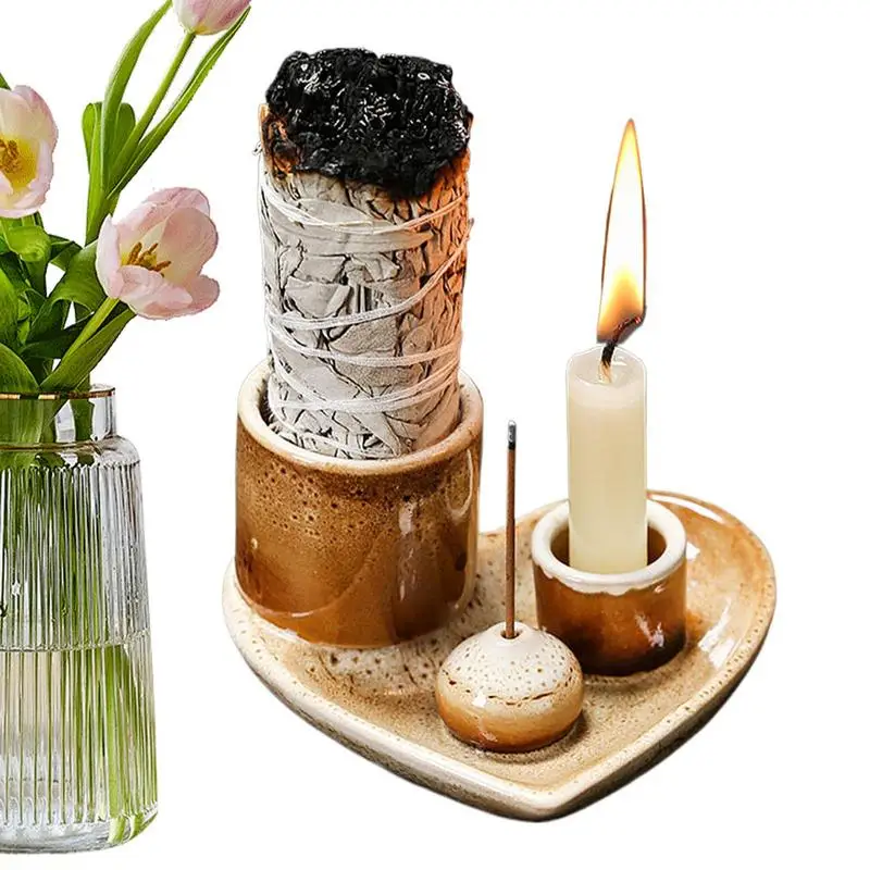 Incense Stick Burner Ceramic Burner and Candle Stand 4-in-1 Incense Stick Holder Spiritual Zen Art for Living Room Yoga