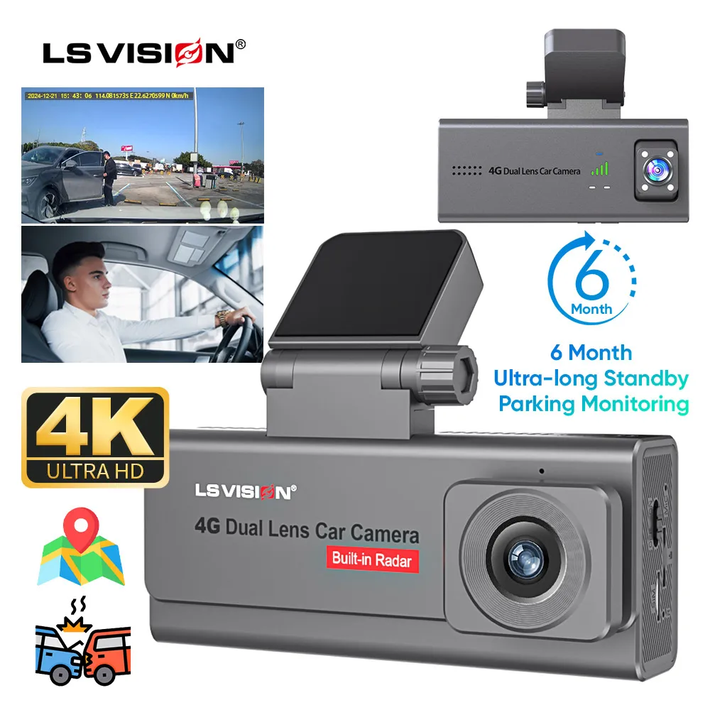 LS VISION 4K 4G Sim Car Surveillance Camera Dual Lens Dashcam Human Detection All Round 24/7 Parking Monitoring Remote Live View