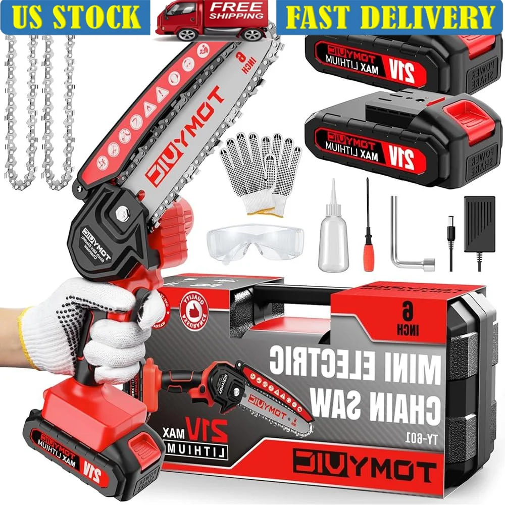 Cordless Mini Chainsaw 6 Inch Battery Powered Handheld Chainsaw Tree Trimming Branch Cutting with Dual Batteries and Accessories
