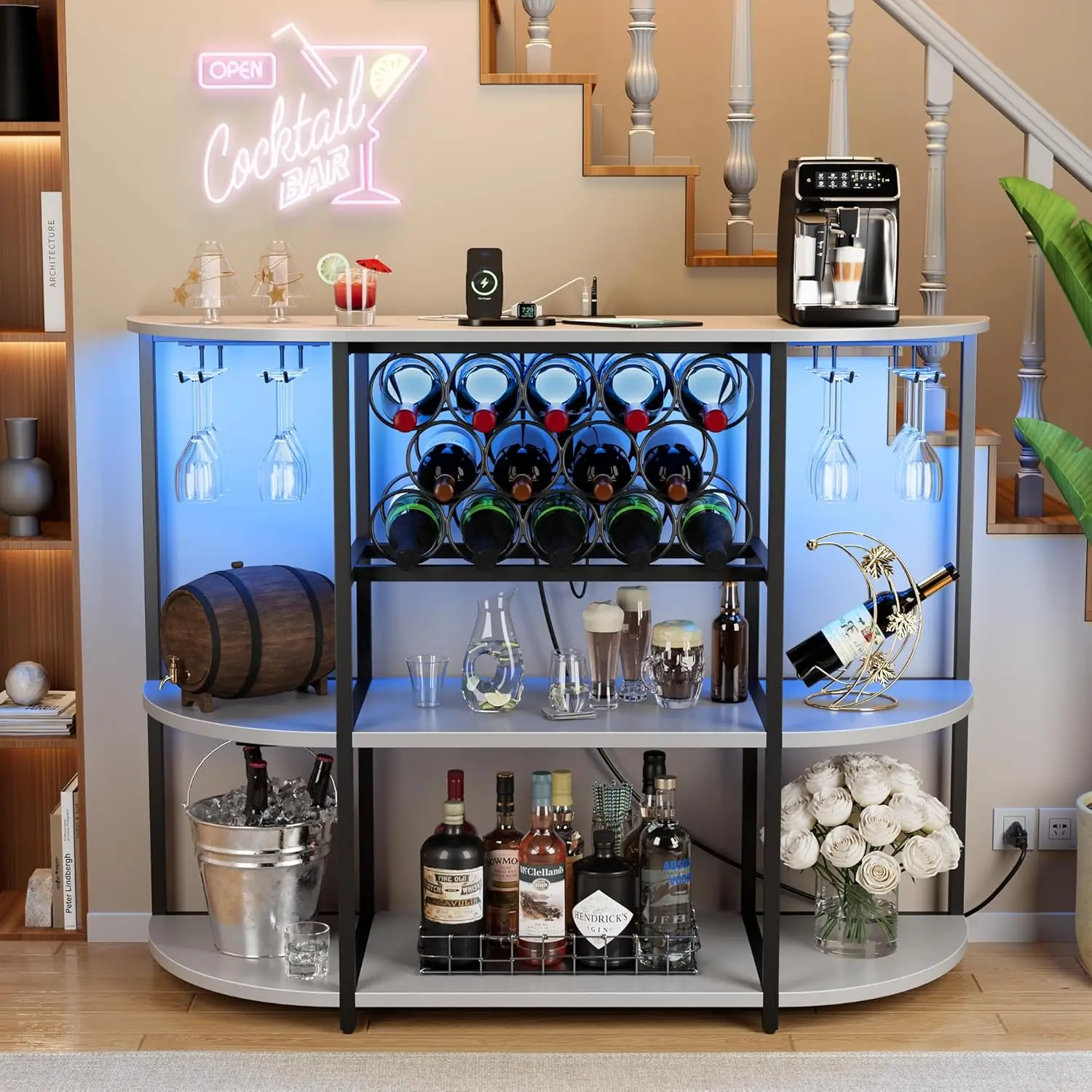 Wine Bar Cabinet with LED Lights and Power Outlets, Freestanding Coffee Liquor Bar Cabinet with Glass Holder, Wine, Customized