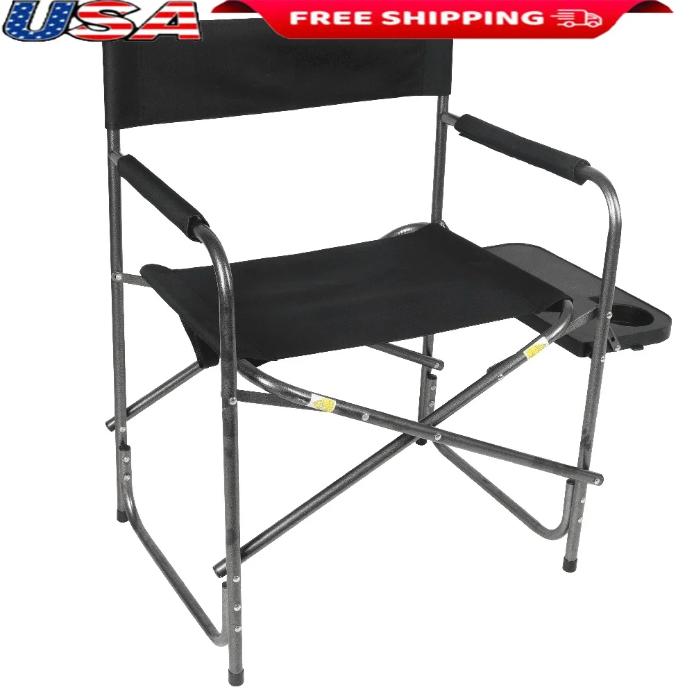 Foldable Director Chair with Side Table Durable Steel Frame Comfortable Polyester Seat Portable Outdoor Camping Furniture