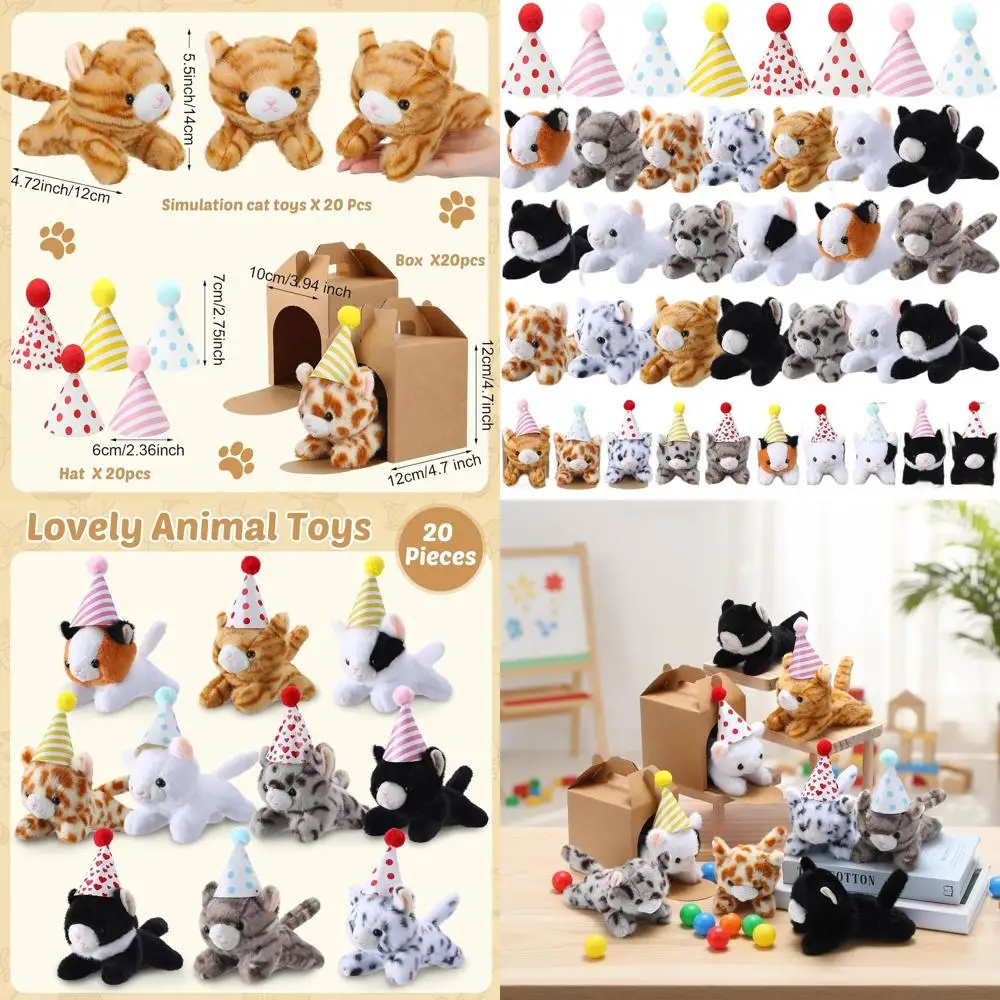 Set of 20 Mini Plush Kittens with Birthday Hats for Animal Themed Birthday Parties