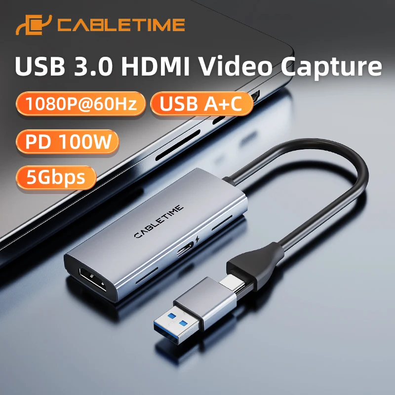 CABLETIME USB 3.0 HDMI Video Capture PD 100W 5Gbps USB A+C Aluminum 1080p Full HD for PS5 Srteaming Switch Capture Card