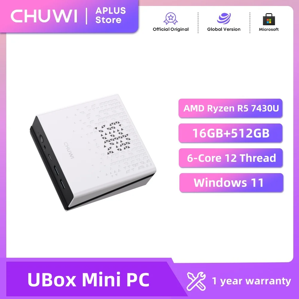 CHUWI UBox Mini PC AMD Ryzen R5-7430U 6 Cores 12 Threads 16GB DDR4 512GB SSD Windows 11 Wi-Fi 6 BT5.2 Desktop Computer Mini PC