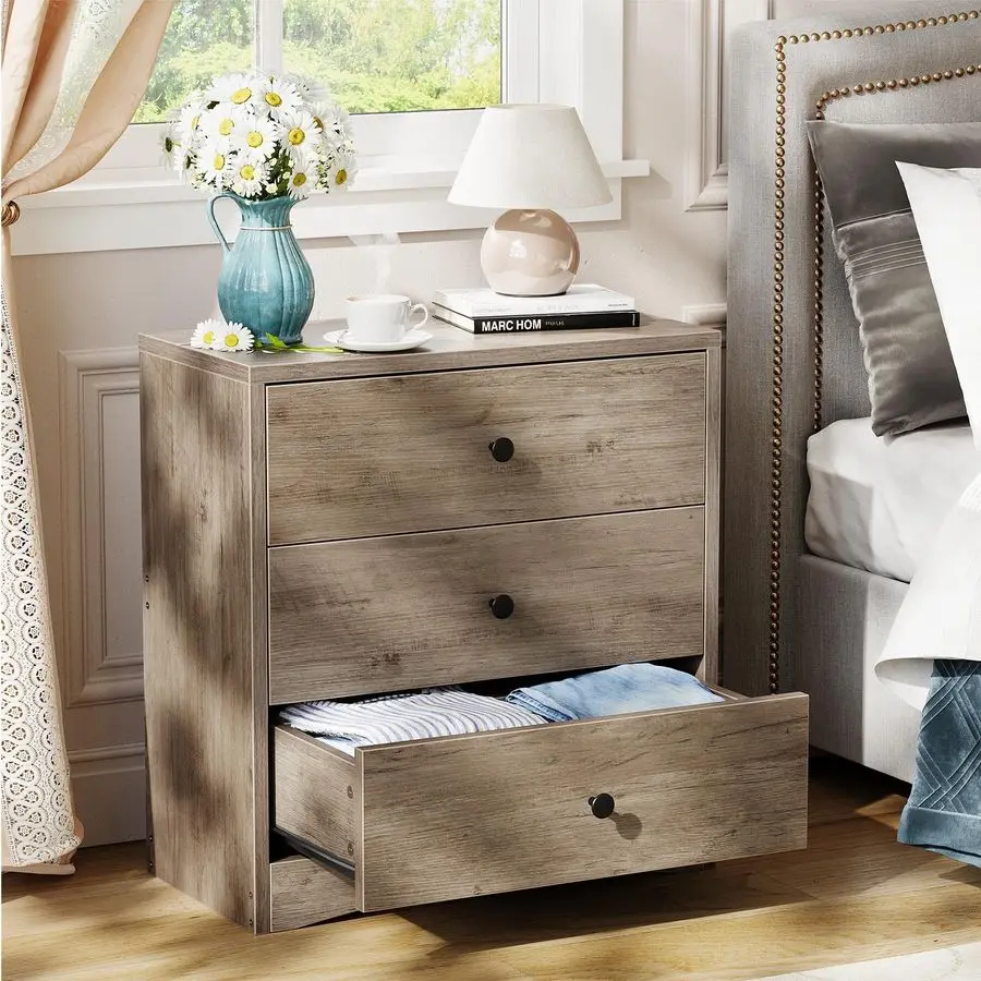 Bedside Tables, Farmhouse Wood Night Stand with 3 Storage Drawers, Small Wooden Dresser Chest of Drawers Bedside Cabinet for Be