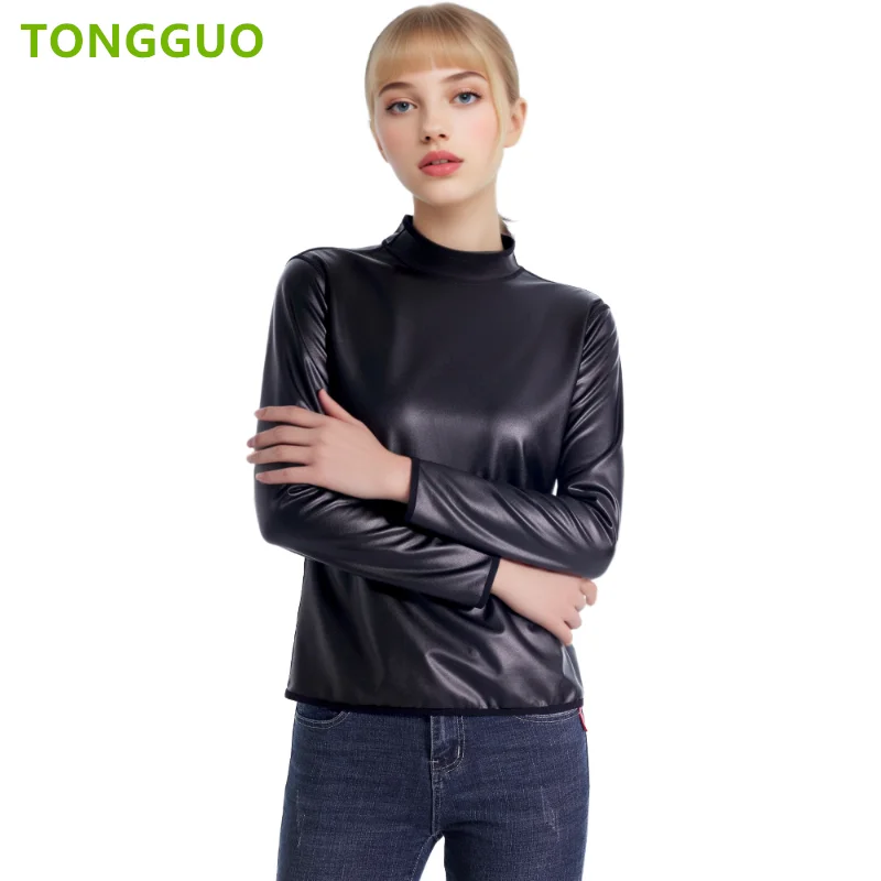 Cool woman Body Shaper Leather Stand collar Long Sleeves Shirt Motorcycle Biker tops Waist Trainer Tshirt Fashion Shapewear Tops