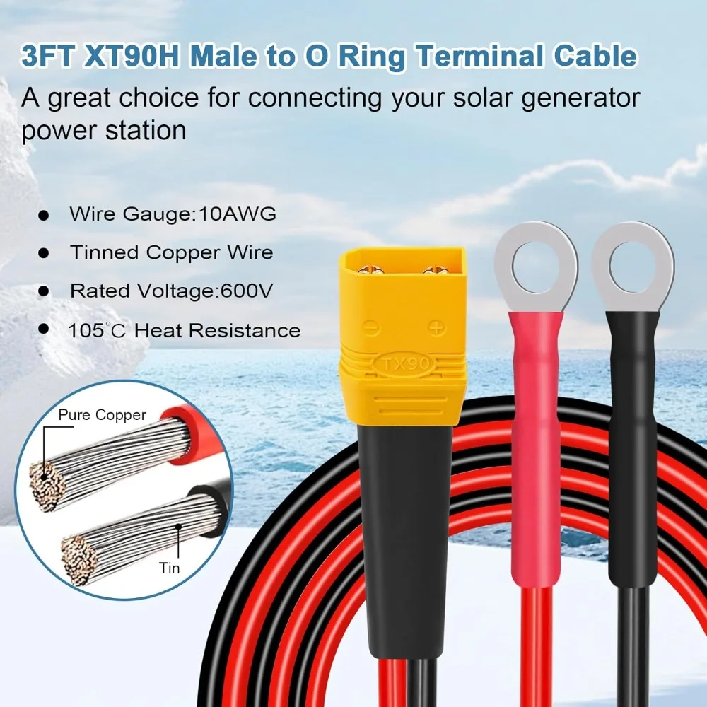 XT90 to O Ring Terminal Cable 10AWG XT90H Male to O Ring Connector Cable for RC Lipo Battery FPV Racing Drone Solar Power