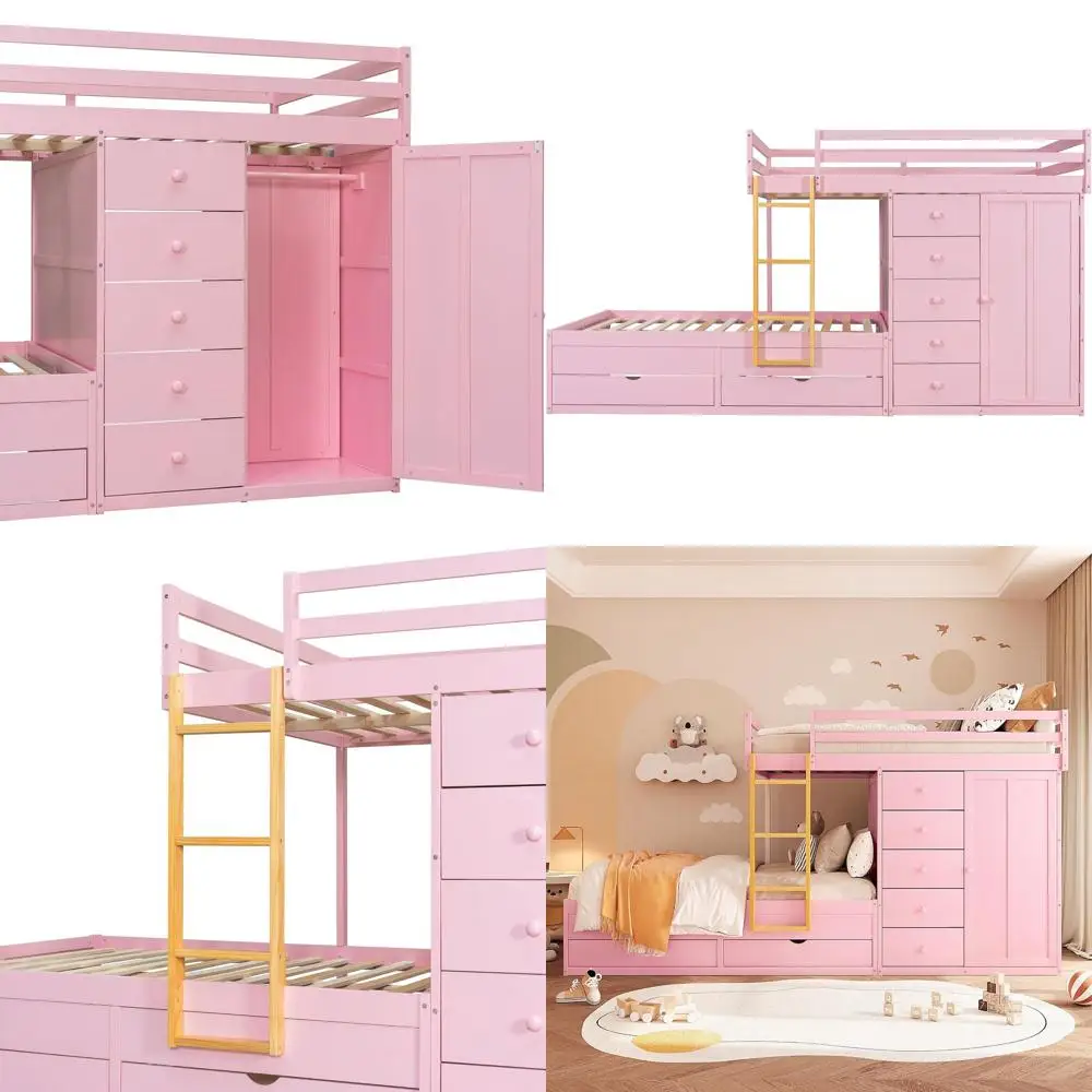 Pink Full Size Bunk Bed with Storage Drawers, Wardrobe, Ladder, and Guardrails for Kids & Adults - Easy Assembly, No Box Spring