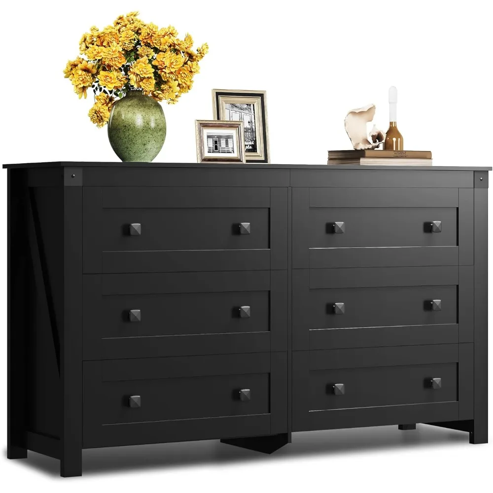 Farmhouse Black Dresser for Bedroom, 53.07'' Wide 6 Drawer Wood Dresser, Chest of Drawers with Double Rustic Handle,