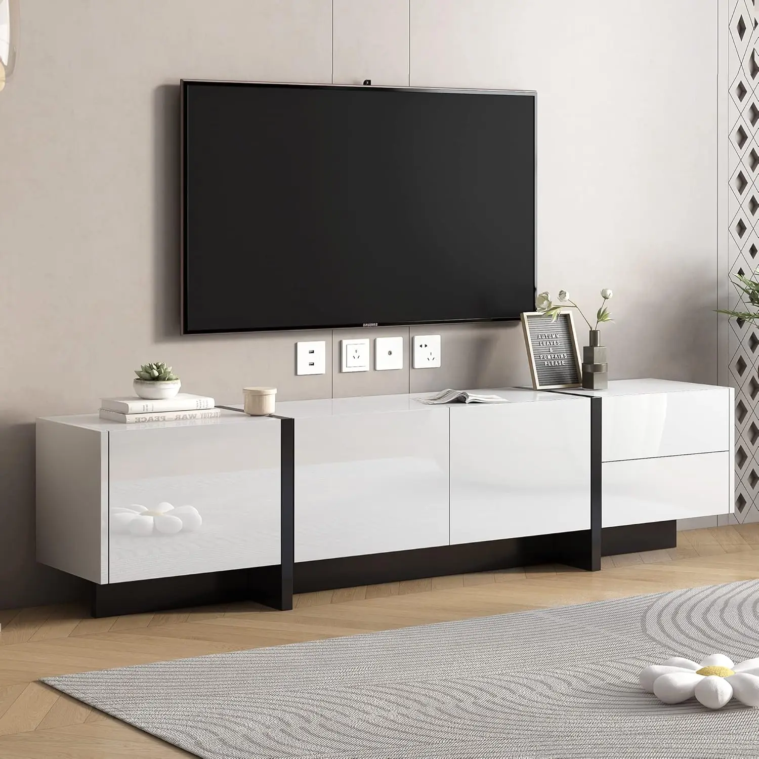 Television Up to 80", Unique Style Console Table, Modern Storage Cabinet with High Gloss UV Surface for Living Room, White