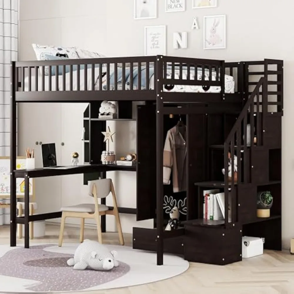Sturdy Full Size Loft Bed with Bookshelf, Drawers, Desk, and Wardrobe, Kids, Espresso
