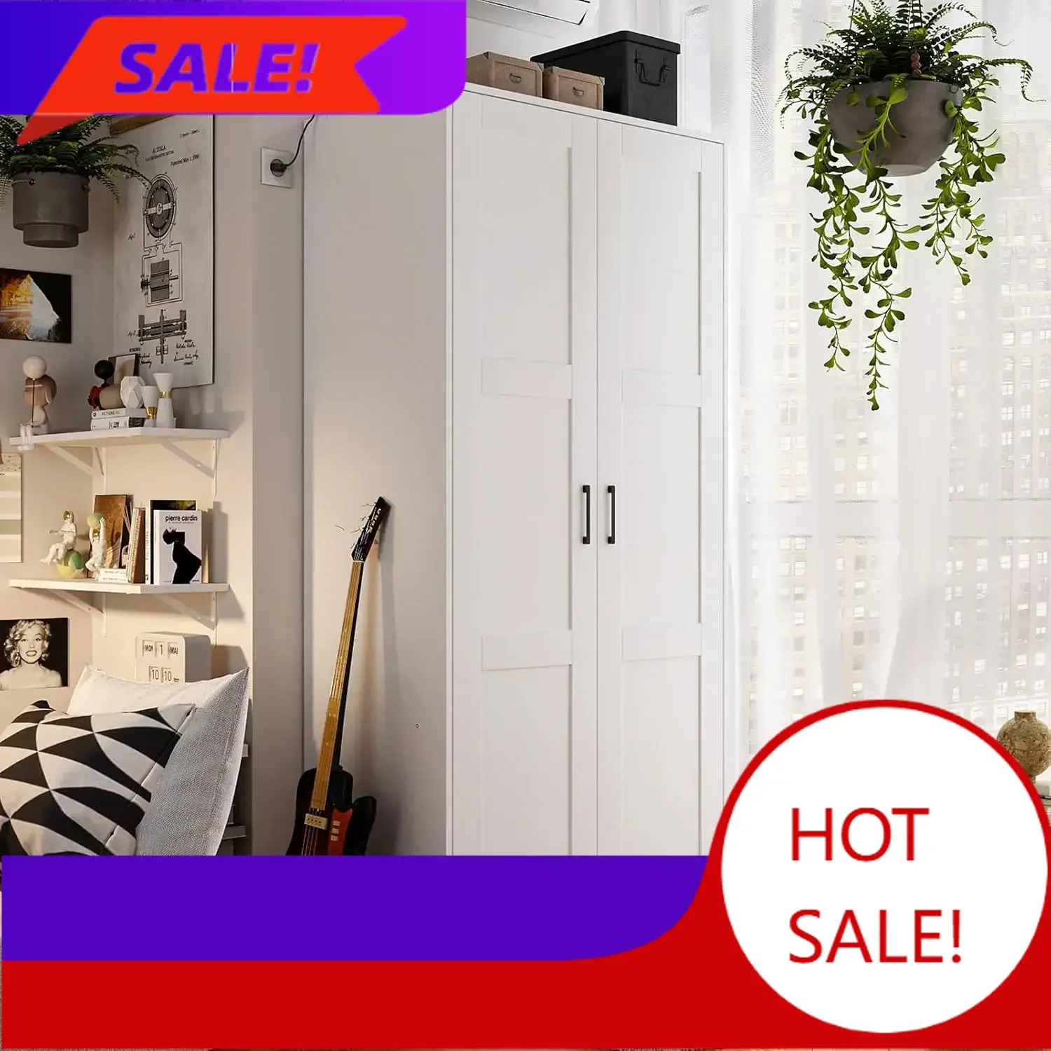 BestsellerBestsellerWood White Wardrobe Closet with 2 Doors，Bedroom Freestanding Armoire Storage Cabinet with Shelves，Wooden War